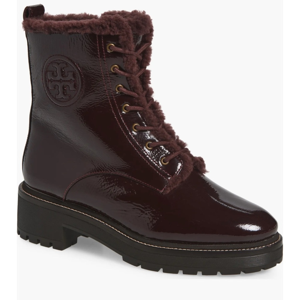 Tory Burch Miller Shearling Lined Patent Combat Boot Size 6.5